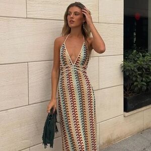 Boutique crochet chevron beach crochet knit Backless Multicolor Halter Dress